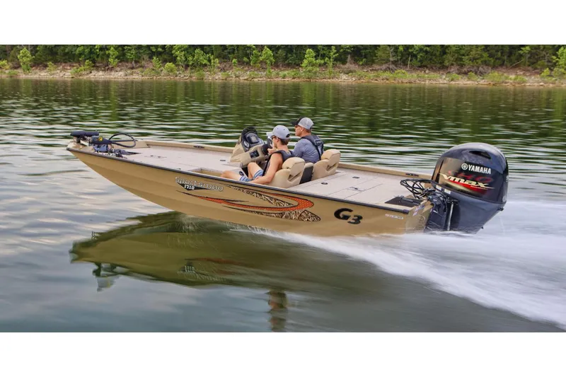 Slide: The Image of Manufacturer Provided Image: 2022 G3 Sportsman 1710 boat speeding on a lake with two passengers. - 7