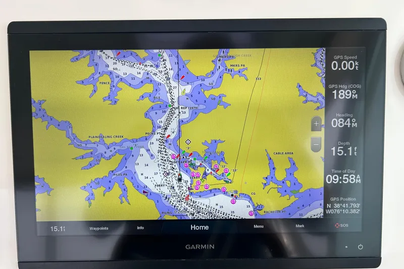 Slide: The Image of 2020 Hunt Yachts Surfhunter 32 cockpit with navigation system and luxurious seating. - 8