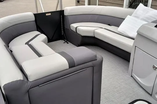 Slide: The Image of Luxurious seating area on 2026 Viaggio x22u boat with modern gray upholstery. - 14