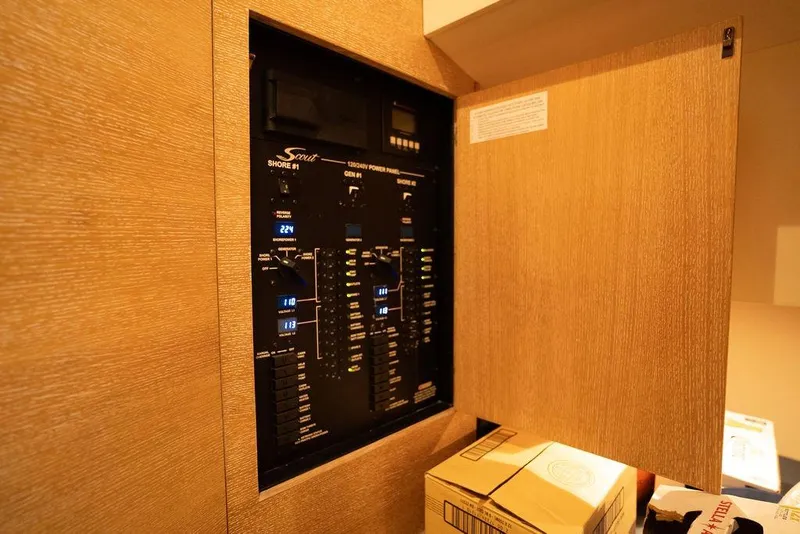 Slide: The Image of Electrical panel inside 2020 Scout 530 LXF boat, showcasing power controls and settings. - 123