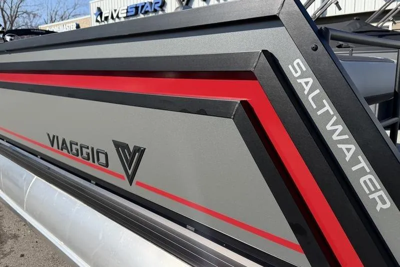 Slide: The Image of 2026 Viaggio X22D Saltwater boat with sleek red and gray design. - 2