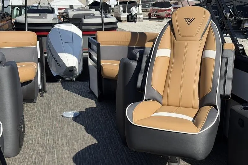 Slide: The Image of Interior of 2026 Viaggio x22u boat with tan and gray seating. - 10