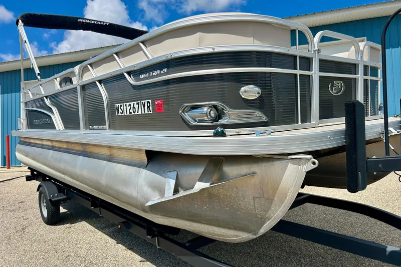 Slide: The Image of 2019 Princecraft Vectra 21 pontoon boat on trailer, parked outdoors. - 4