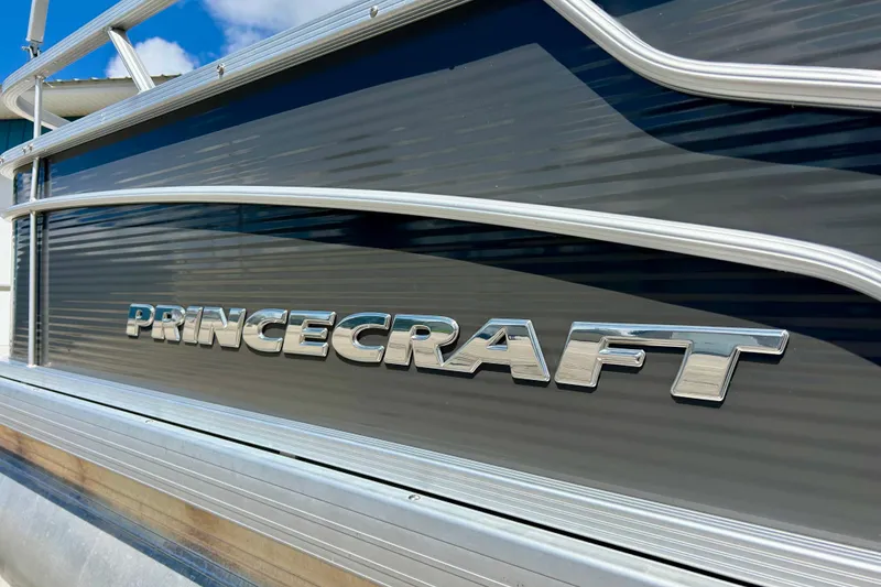 Slide: The Image of 2019 Princecraft Vectra 21 pontoon boat with metallic logo detail. - 8