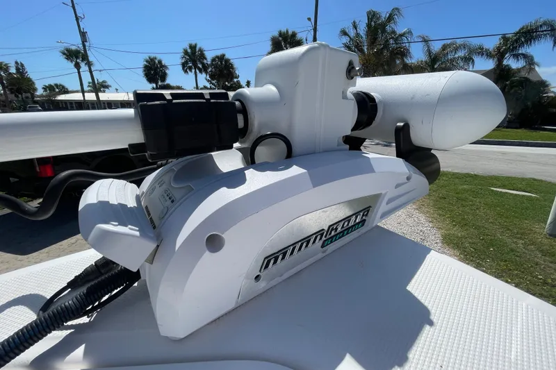 Slide: The Image of Minn Kota trolling motor on 2017 Everglades 243 Center Console boat, sunny day, palm trees. - 14