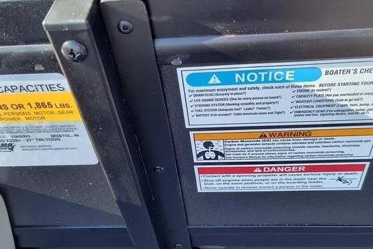 Slide: The Image of Safety and capacity warning labels on a 2026 Viaggio X22S boat. - 7