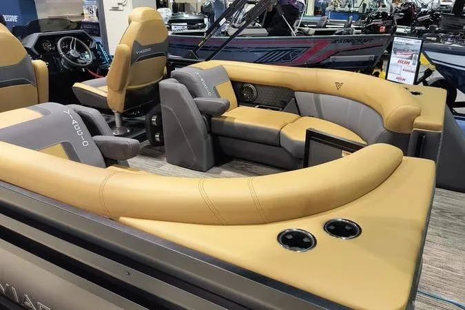 Slide: The Image of Luxurious 2026 Viaggio Z22U boat interior with plush tan seating and modern design. - 14