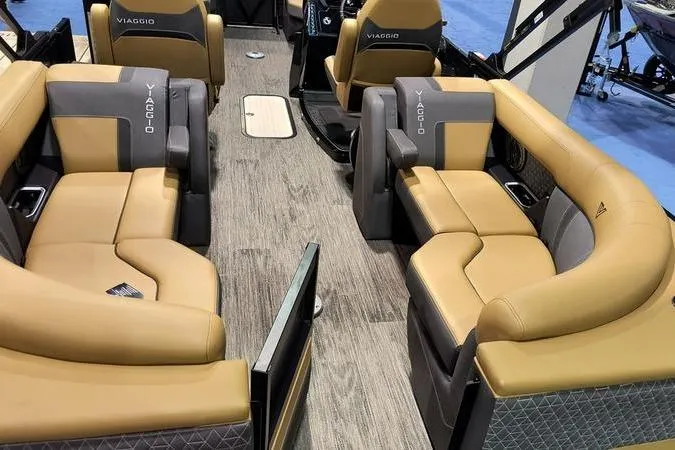 Slide: The Image of Luxurious interior of 2026 Viaggio Z22U pontoon boat with plush seating and modern design. - 18