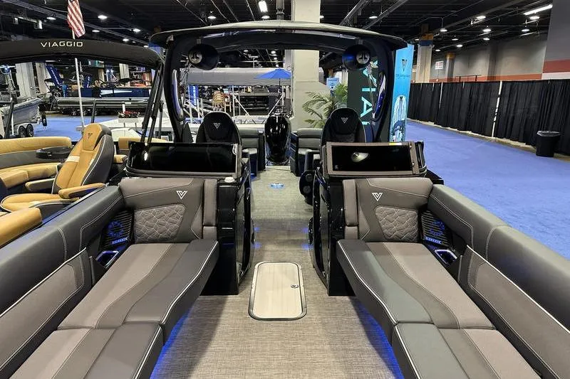 Slide: The Image of Luxurious 2026 Viaggio Diamante UWA boat interior with sleek seating and modern design. - 9