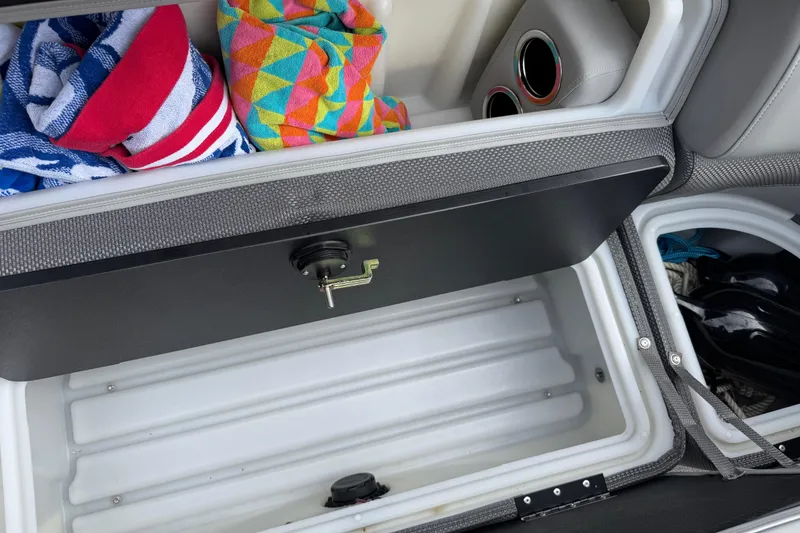 Slide: The Image of 2024 Regency 230 DL3 boat storage compartment with colorful towels and cup holders. - 42