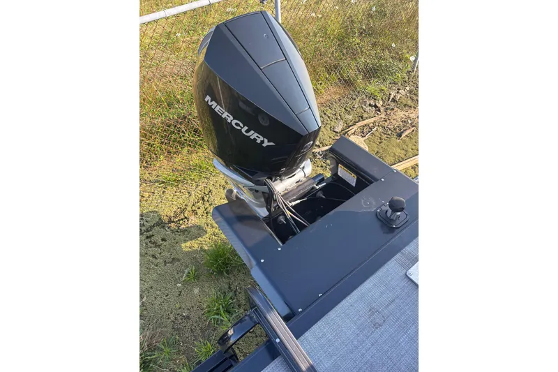 Slide: The Image of 2021 Regency 250 DL3 boat with Mercury outboard motor, docked near grassy area. - 18