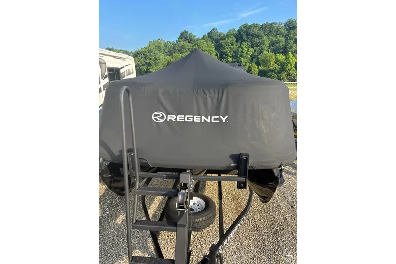 Slide: The Image of Covered 2021 Regency 250 DL3 boat on trailer, surrounded by greenery. - 6