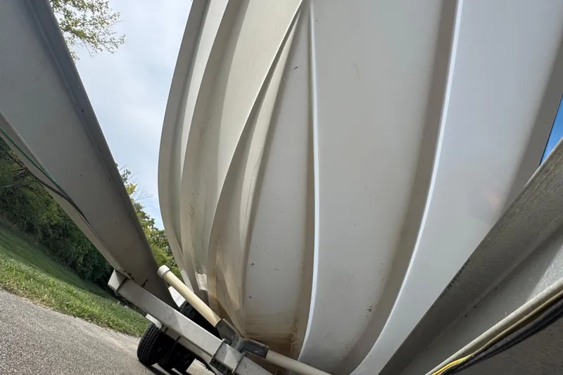 Slide: The Image of 2001 Fountain 31 Tournament Edition boat hull on trailer, viewed from below. - 4