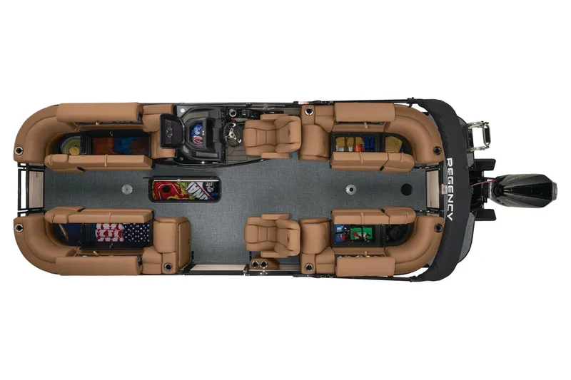 Slide: The Image of 2026 Regency 230 DL pontoon boat with tan seating and spacious interior. - 5