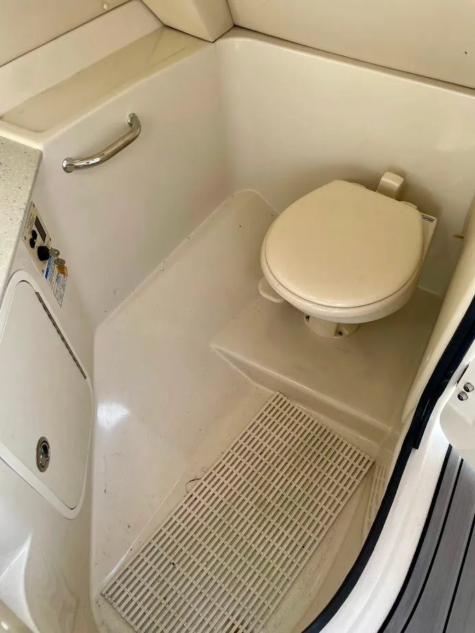 Slide: The Image of 2010 Sea Ray 300 Sundeck boat bathroom with toilet and handrail. - 19