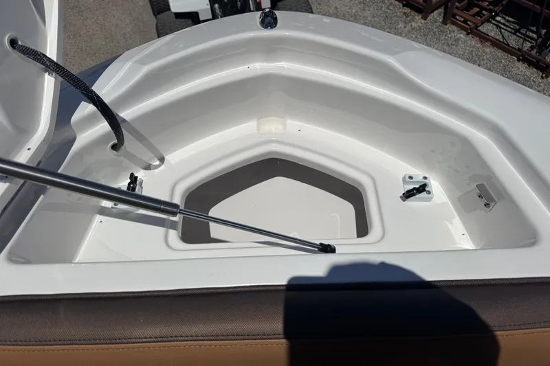 Slide: The Image of Storage compartment of 2025 Yamaha Boats 275SE, featuring hydraulic lift support. - 13