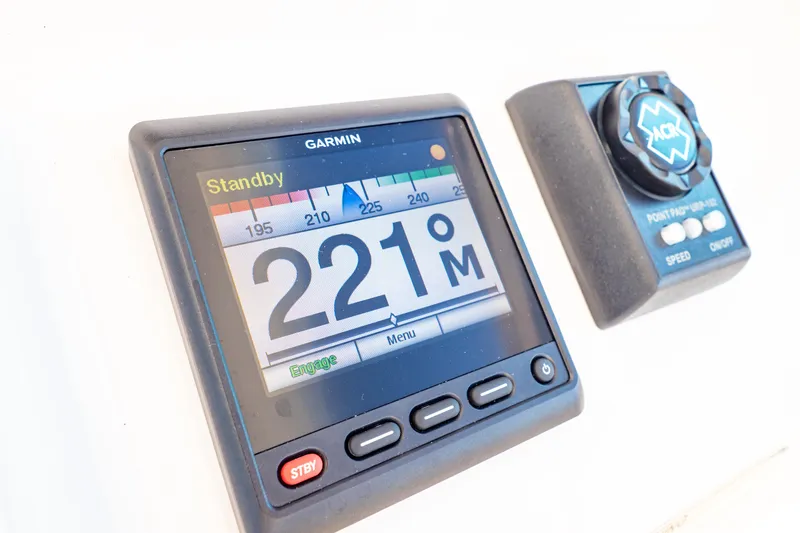 Slide: The Image of Garmin navigation display on 2018 Intrepid 475 Sport Yacht, showing heading of 221 degrees. - 100