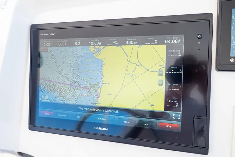 Slide: The Image of Garmin GPS display on 2018 Intrepid 475 Sport Yacht, showing navigation map and data. - 102