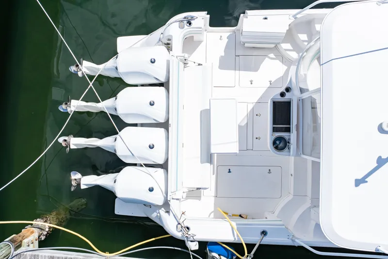 Slide: The Image of Overhead view of 2018 Intrepid 475 Sport Yacht with four outboard engines. - 2