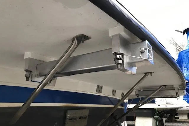 Slide: The Image of 1993 Carver 370 Aft Cabin Motor Yacht hull with metal support structure. - 31