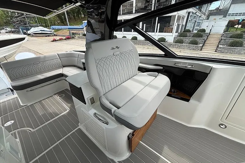 Slide: The Image of Luxurious interior of 2026 Sea Ray Sundancer 370 Outboard with elegant seating and modern design. - 25