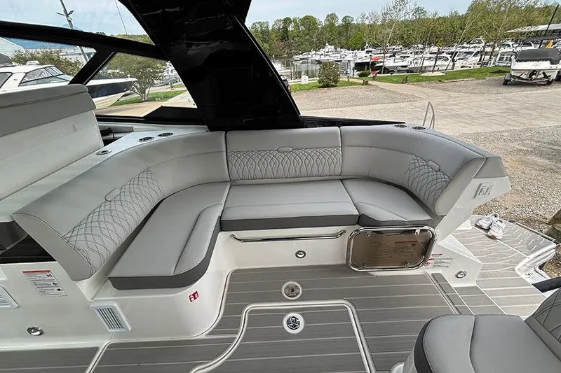 Slide: The Image of Luxurious seating area on the 2026 Sea Ray Sundancer 370 Outboard yacht. - 9
