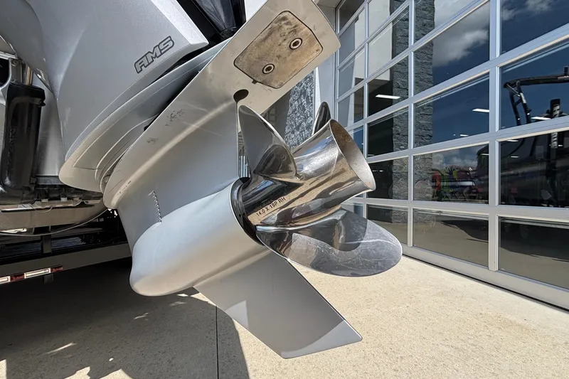 Slide: The Image of Close-up of a 2023 Princecraft Quorum 25 RL boat propeller outdoors. - 8