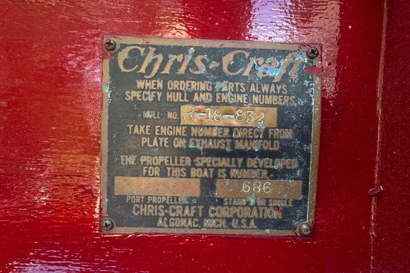Slide: The Image of 1952 Chris-Craft 18 Runabout identification plate with hull and propeller numbers. - 26