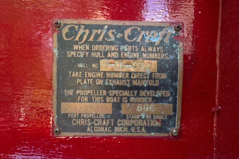 Slide: The Image of 1952 Chris-Craft 18 Runabout identification plate with hull and propeller details. - 27