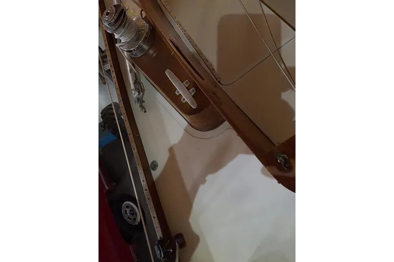 Slide: The Image of 1963 Hinckley Bermuda 40 sailboat deck with winch and rigging details. - 54