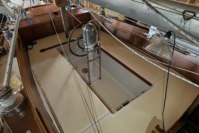 Slide: The Image of Hinckley Bermuda 40 sailboat cockpit, showcasing vintage design and rigging details, 1963 model. - 55