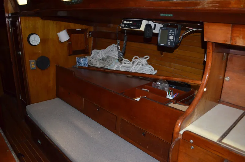 Slide: The Image of Interior of 1963 Hinckley Bermuda 40 yacht with wooden furnishings. - 8