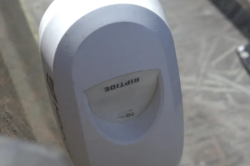 Slide: The Image of Close-up of a 2020 G3 Bay 20 DLX Camo boat part, featuring a Riptide motor. - 14