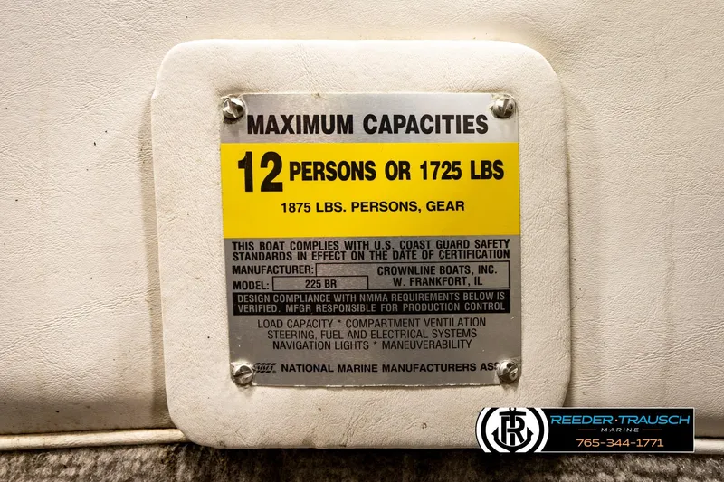 Slide: The Image of Capacity label for 2001 Crownline 225 BR boat, 12 persons or 1725 lbs. - 52