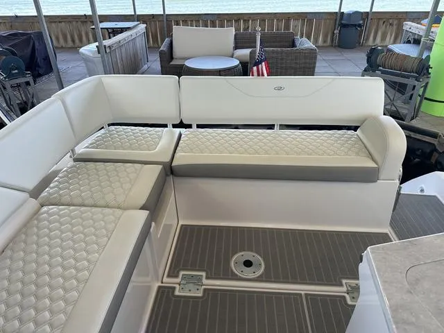 Slide: The Image of Interior of 2021 Regal 38 Grande Coupe with elegant white seating. - 35