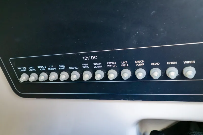 Slide: The Image of Control panel of a 2019 Boston Whaler 270 Vantage boat with labeled switches. - 80