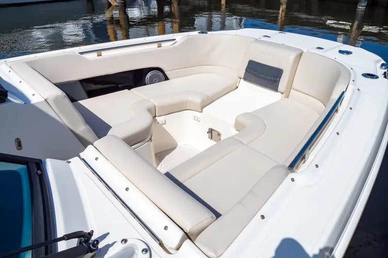 Slide: The Image of 2019 Boston Whaler 270 Vantage boat interior with spacious seating and sleek design. - 88
