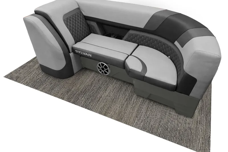 Slide: The Image of Modern Sylvan L3 ULZ 2026 boat seating with sleek gray and black design on carpeted floor. - 2
