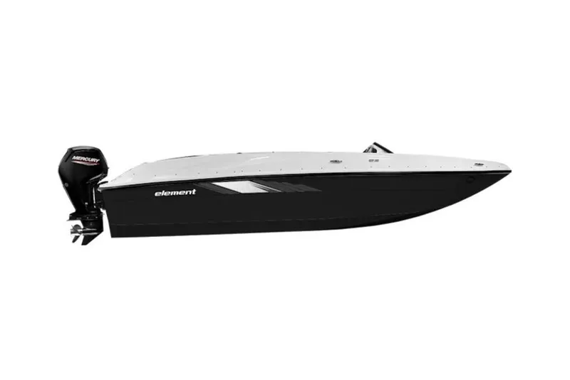 Slide: The Image of 2026 Bayliner Element E18 boat with Mercury outboard motor, side view. - 2