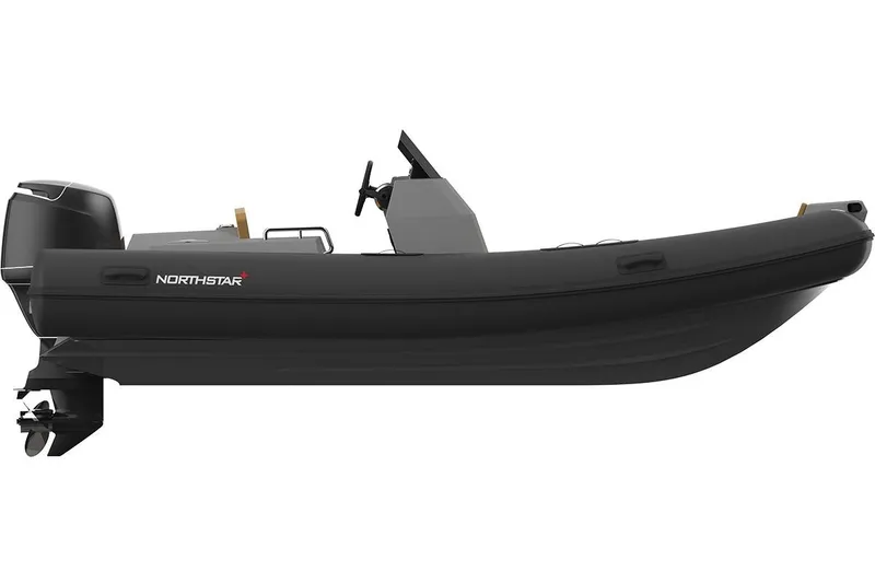 Slide: The Image of 2026 Northstar Axis 4.8 boat, side view, sleek black design, modern outboard motor. - 8