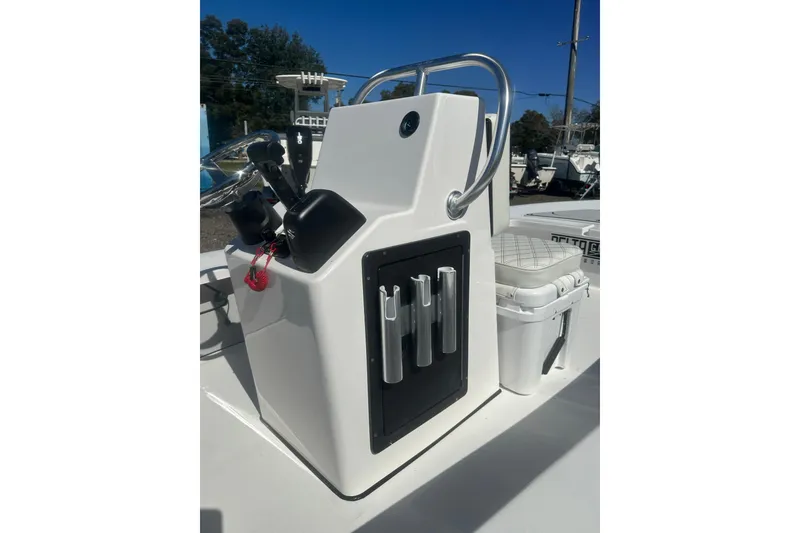 Slide: The Image of 2026 Delta Boatworks Delta D18 console with steering wheel and rod holders. - 17