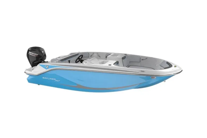 Slide: The Image of 2026 Bayliner Element M17 boat with blue hull and Mercury outboard motor. - 3