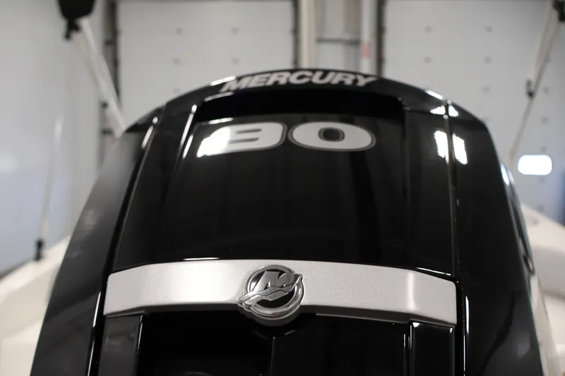 Slide: The Image of Close-up of a Mercury 30 outboard motor on a 2026 Bayliner Element M17 boat. - 25