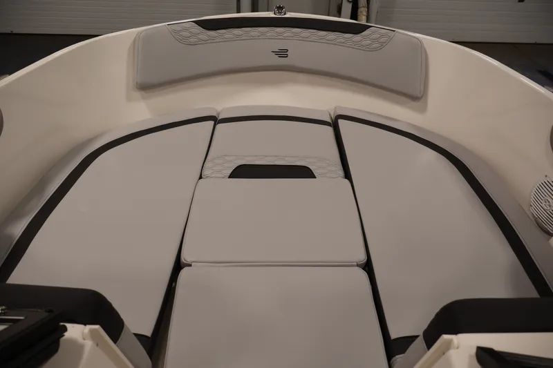 Slide: The Image of 2026 Bayliner Element M17 boat interior with cushioned seating and modern design. - 10