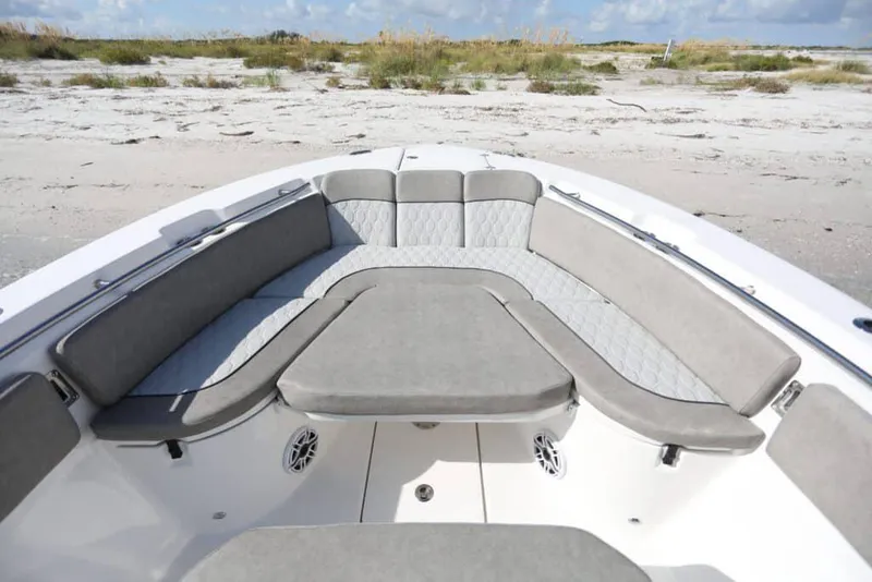 Slide: The Image of 2023 Sea Fox 288 Commander boat interior with dual engines and modern deck design. - 3