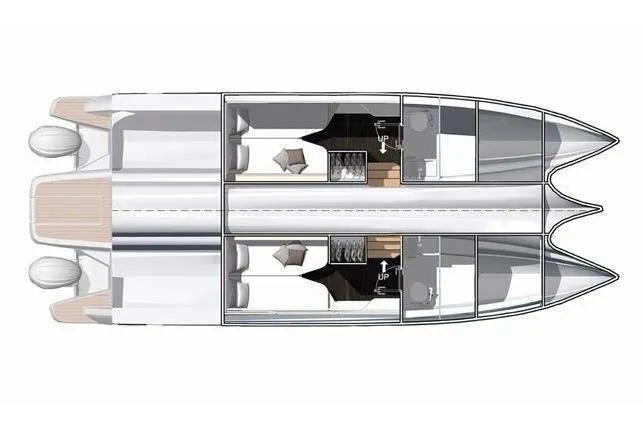 Slide: The Image of Manufacturer Provided Image: Top view of 2026 Jeanneau TH38 catamaran interior layout, showcasing cabins and living spaces. - 10