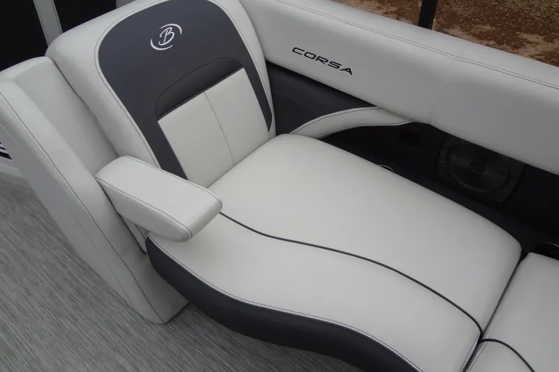 Slide: The Image of Luxurious seating in 2021 Baraletta Corsa 23 QSS boat, featuring elegant white and black upholstery. - 30