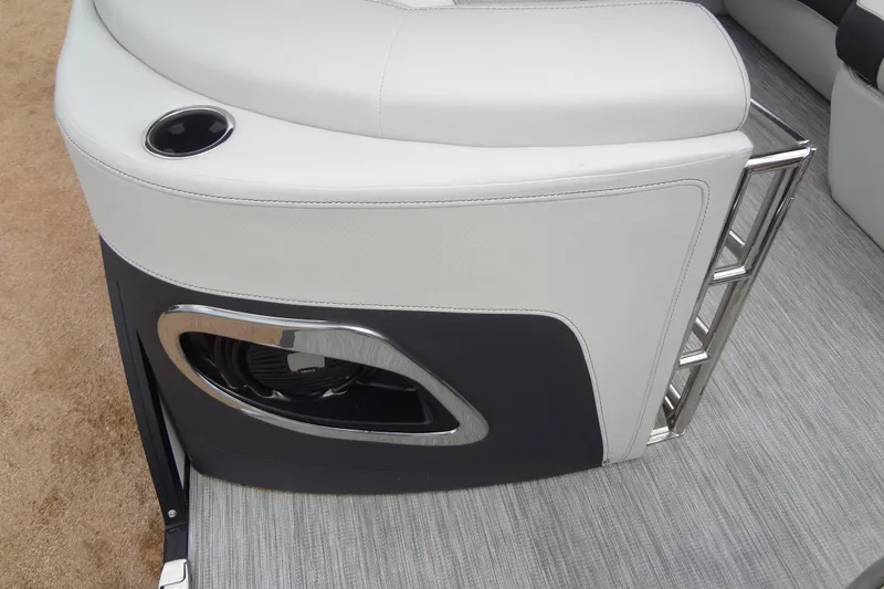 Slide: The Image of Luxury seating detail on 2021 Baraletta Corsa 23 QSS boat with cup holder and speaker. - 32