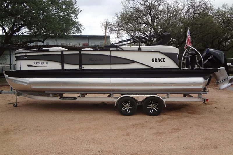 Slide: The Image of 2021 Baraletta Corsa 23 QSS pontoon boat on trailer, side view. - 5