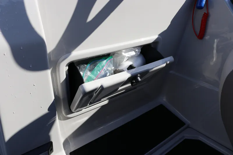 Slide: The Image of Storage compartment on 2024 SunChaser Eclipse LR DH 25 Demo boat, containing various items. - 22